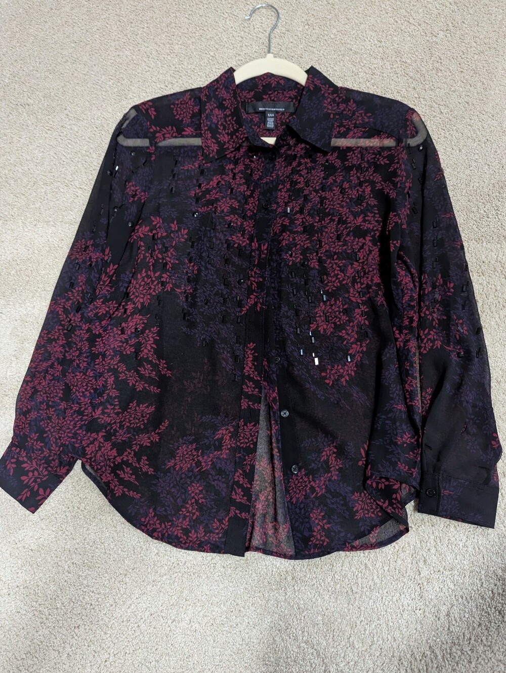 White House Black Market Black Shirt with Burgundy Floral Print